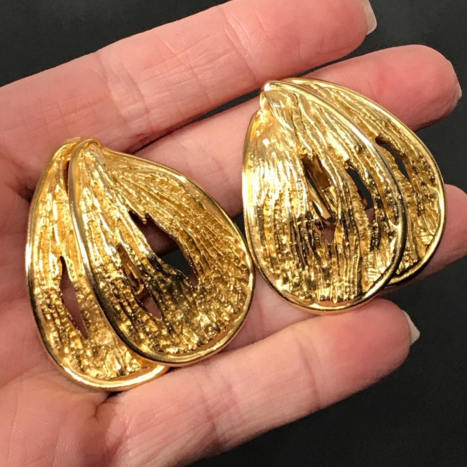 Vintage Signed Craft Runway Oversized Brutalist Textured Gold Clip On Earrings
